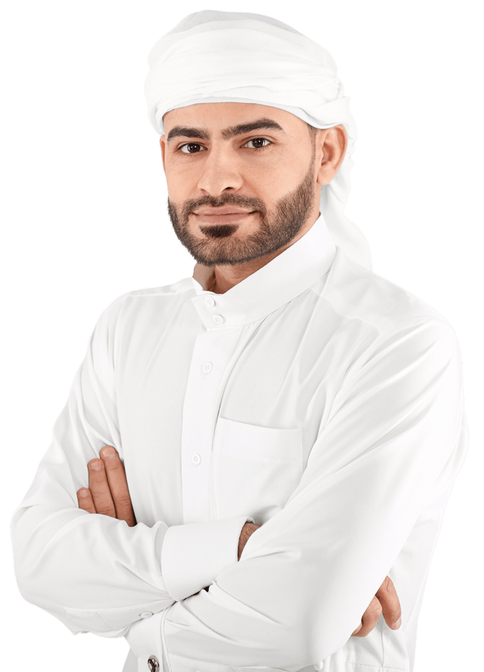 Handsome-young-muslim-male-in-traditional-Islamic-clothing-standing-in-front-of-financial-chart